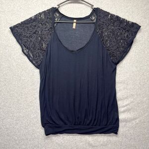 Free People Navy Lace Sleeve Top Blue size S